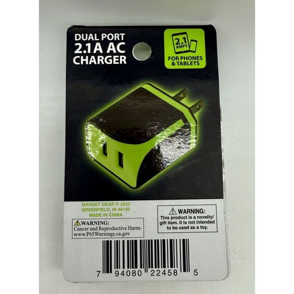 Gadget Gear Dual Port 2.1A‎ AC Charger For Phones And Tablets White Green NEW - Picture 2 of 3